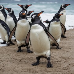 Fototapeta premium A group of penguins waddling together, their tuxedo-like plumage standing out against the white.