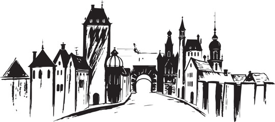 City landscape. Different buildings on street, outline cityscape hand sketch, flat houses. Hand drawn vector illustration