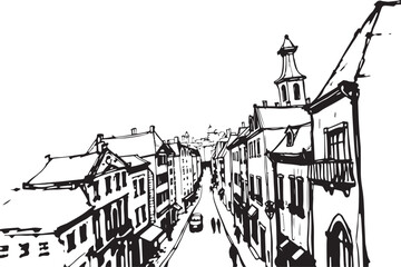 City landscape. Different buildings on street, outline cityscape hand sketch, flat houses. Hand drawn vector illustration