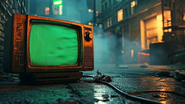 Old television set with a green screen in a dimly lit urban alley at night