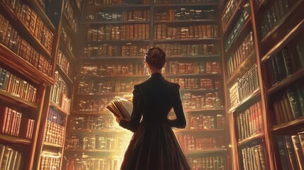 Woman in Elegant Dress Exploring Grand Library Filled with Books