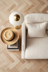 Cozy Modern Living Space with Hat, Lamp, and Tabletop Books