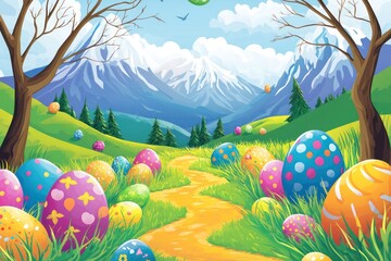Easter cartoon landscape, path to mountains with colorful eggs.