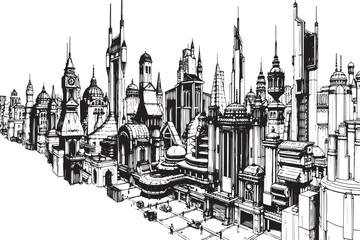 Fototapeta premium City landscape. Different buildings on street, outline cityscape hand sketch, flat houses. Hand drawn vector illustration