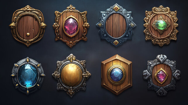 Set of medieval game reward badges isolated on dark background. Vector illustration of gui rank buttons with wood, stone, iron, gold, silver metal texture, decorated with gemstone. Ui design elements
