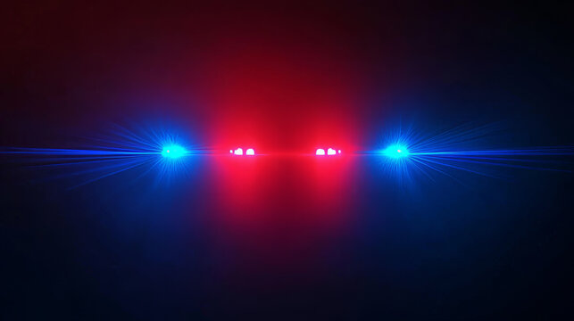 Emergency or police car siren flashing lights with overlay effect. Realistic vector illustration of red and blue cop or ambulance vehicle flare with beams surrounded by fog on dark night background.
