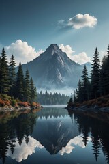 mountains and trees are reflected in a lake in the foreground