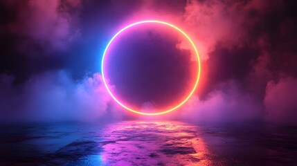 Mystical portal, Circular neon light with vaporwave aesthetics in ethereal space