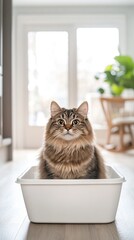 A fluffy cat sits contentedly in a white litter box, surrounded by a bright, modern interior with plants and natural light.
