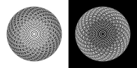 Dynamic abstract spiral sound wave rhythm lines. Circular spiral sound wave rhythm of lines. Circular futuristic abstract lines, black and white background.