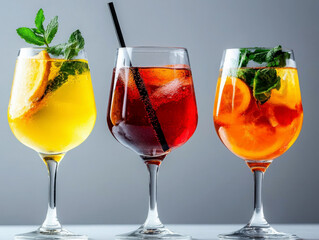 Three vibrant cocktails served in elegant glasses with garnishes.