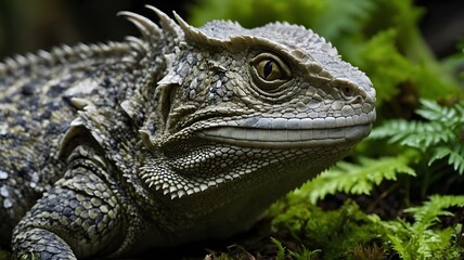 Fototapeta premium Tuatara Close-Up: Scaly Skin and Parietal Eye in a Mossy Habitat