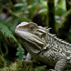Obraz premium Intricate Details: Tuatara’s Scaly Skin and Parietal Eye in a Lush Mossy Environment