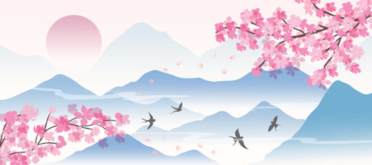 Spring Japanese Cherry blossom flower background vector. Wallpaper design of elegant sakura floral, branch, mountain, sun, bird. Illustration for banner, wall decoration, backdrop, ads. © babeer