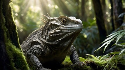 Fototapeta premium Sunlit Journey: Tuatara Moving Through a Vibrant New Zealand Forest with Spiny Crest