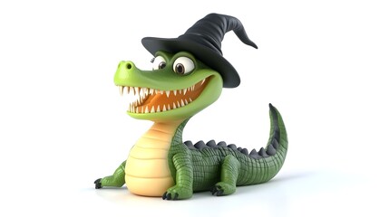 Fototapeta premium Cute Cartoon Green Dragon Monster Wearing Witch Hat
