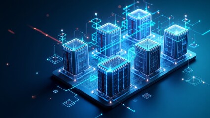 Fototapeta premium A futuristic digital representation of a data center, with glowing server towers floating above a circuit-like platform, connected by glowing lines and network data streams, generate AI