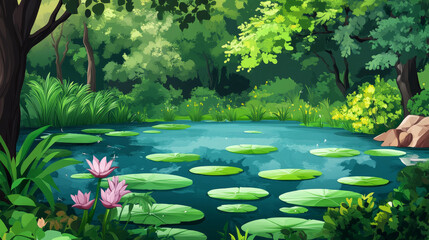 Summer forest with swamp or pond. Vector cartoon illustration of woods landscape with green grass, trees and lake with water lily leaves. Natural park or garden with river