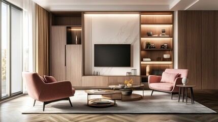 Fototapeta premium Modern interior living room design,cozy home have new pink armchair with white wall mockup with wood cabinet and wood floor parquet