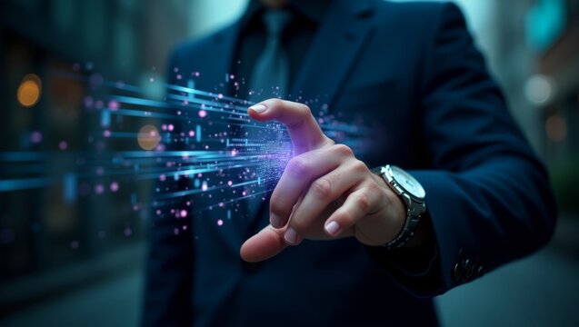  A high-fashion photograph showcasing a sophisticated hand interacting with futuristic data visualization on a transparent screen, generate AI