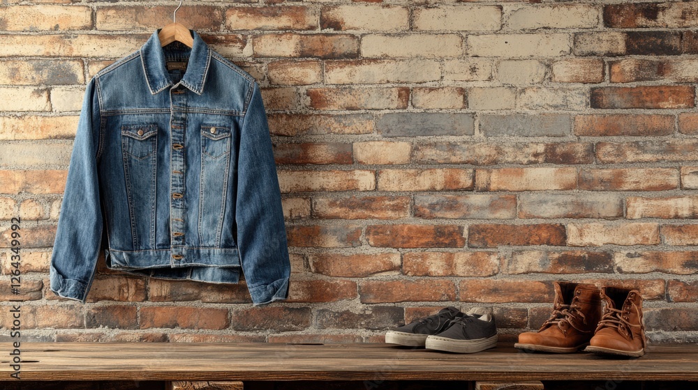 Aufkleber rustic setting featuring denim jacket on brick wall with casual shoes and boots placed on wooden tab