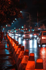 Obraz premium Busy night cityscape traffic jam for commercial use by transport and tourism