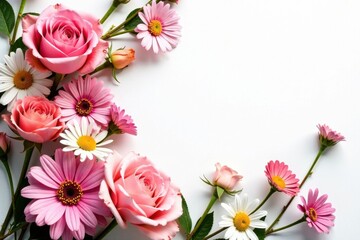 Fototapeta premium Vibrant floral arrangement on white background with mixed flowers like roses, carnations and daisies , garden flowers, colorful blooms, fresh cut flowers