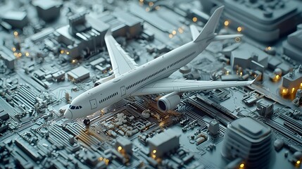 White Airplane on Gray Circuit Board: 3D Render of Technological Innovation