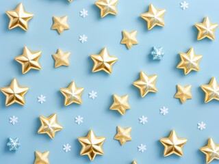Golden Decorative Stars on Light Blue Background. Holiday, Birthday or Christmas Decoration.