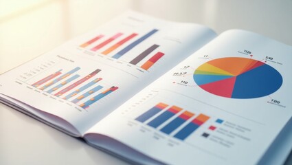 A close-up shot of an open business report with vibrant bar charts and pie charts on the pages showcasing data analysis, generate AI