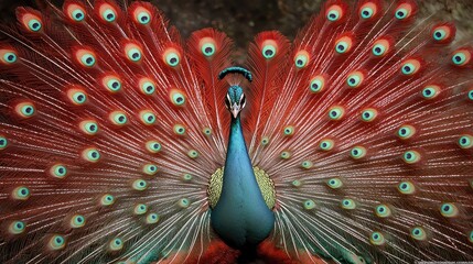 Obraz premium A vibrant peacock displaying its colorful plumage in a lush, natural setting, showcasing beauty