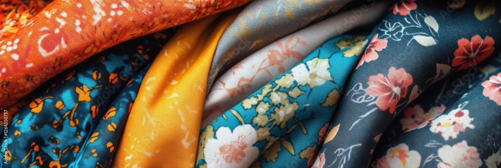 Aufkleber Brightly patterned fabrics with floral and geometric designs ideal for creative projects and textile enthusiasts. Generative AI