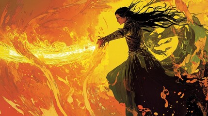 Enigmatic Sorceress Manipulating Flame with Graceful Movements