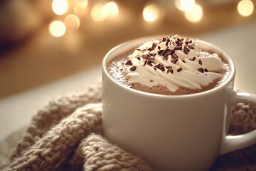 Warm Cup of Hot Chocolate with Whipped Cream and Chocolate Shavings