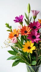 Vibrant flower bouquet with mixed flowers and greenery against white canvas , arrangements, floral, flowers