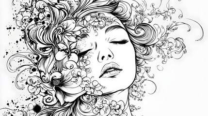 Ethereal Female Portrait with Flowing Floral Hair and Closed Eyes