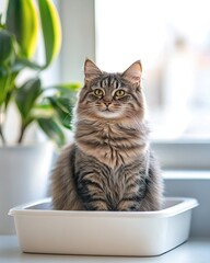A fluffy cat sits contentedly in a white litter container, surrounded by plants, basking in natural light from a nearby window.