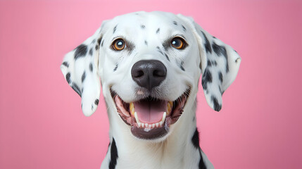 Happy Dalmatian dog portrait, pink background
