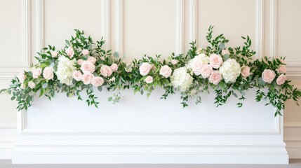 Fototapeta premium A beautiful floral arrangement featuring pink roses and white hydrangeas decorated with lush greenery against a light backdrop.