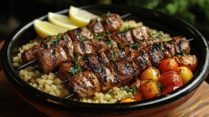 Grilled meat skewers served on a bed of couscous with fresh vegetables and lemon slices