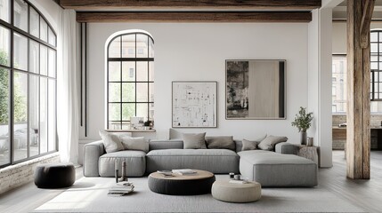 Modern loft apartment living room, sunlight, minimalist decor