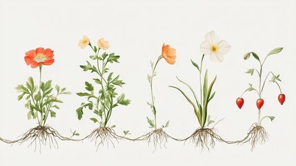 Growth Stages of Various Flowers and Plants with Roots Illustration