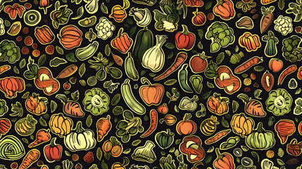 Colorful assortment of hand-drawn vegetables on a dark background, ideal for culinary designs
