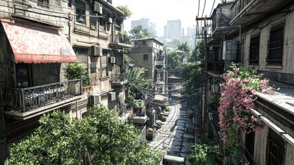 Overgrown City Street With Decaying Buildings