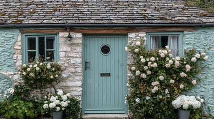 Charming Cottage with Teal Door and Roses