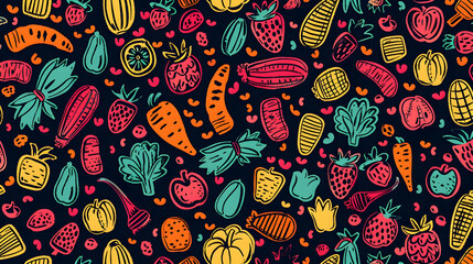 Naklejka premium Colorful hand-drawn pattern of various fruits and vegetables on a dark background, ideal for design