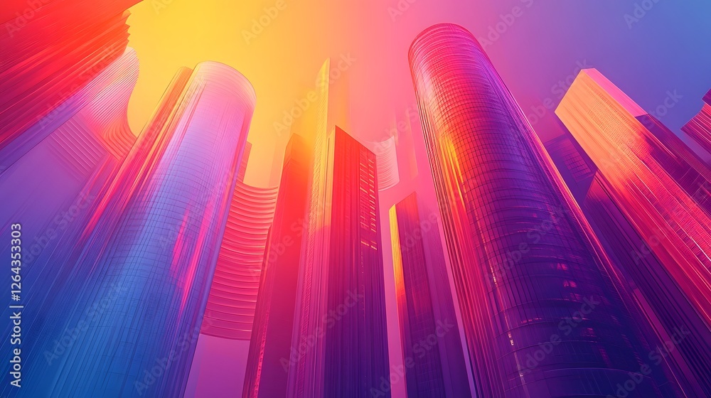 Aufkleber futuristic cityscape depicting a modern urban skyline with tall illuminating skyscrapers and vibrant