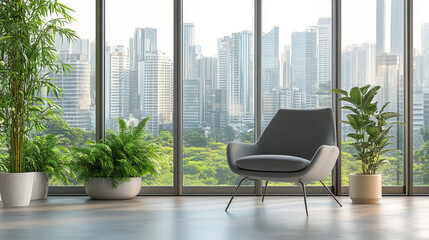 Fototapeta premium Living room interior with large panoramic windows and megalopolis cityscape. Modern apartment with city skyline view, cozy armchair, plants and furniture, home design, Cartoon vector illustration