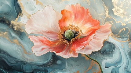 Oil painting artistic image of kind of liquid flower,with fluently shapes and touch of gold,poppy flower,marbling,sand-color integration,pale background,flowing pattern,liquid texture,blend with the b