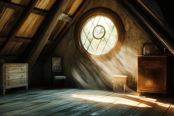 Fototapeta premium Enchanted Attic with Sunlight and Vintage Furniture in Old House
